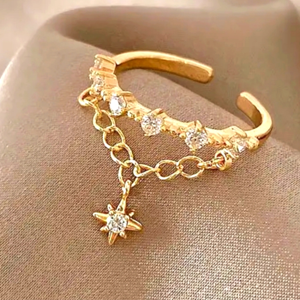 Trendy Star Chain Ring Open ring Sparkly Gold Tone Ring NEW